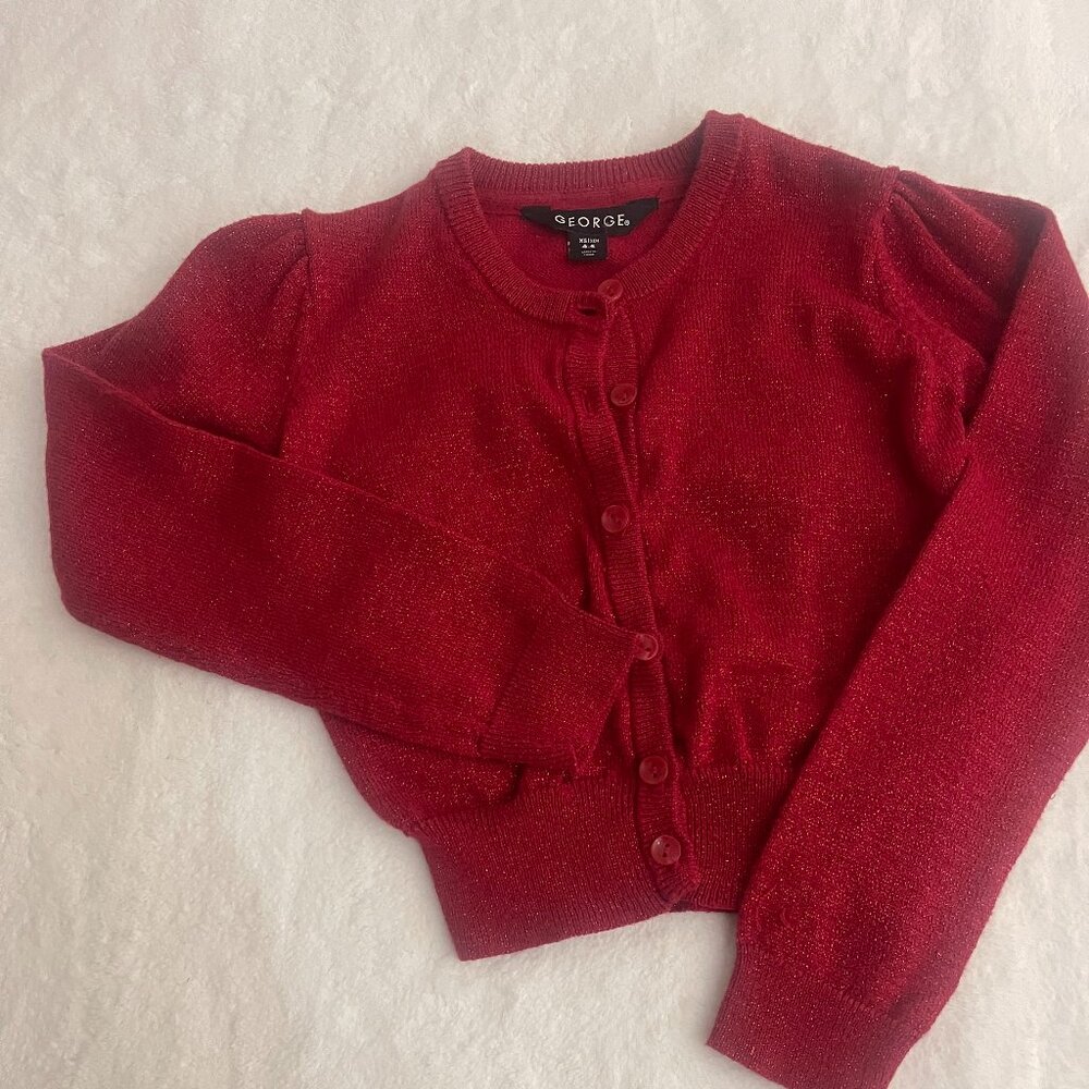 Red Sparkle Button-Up Sweater – Cozy & Dressy – 4/5 XSM